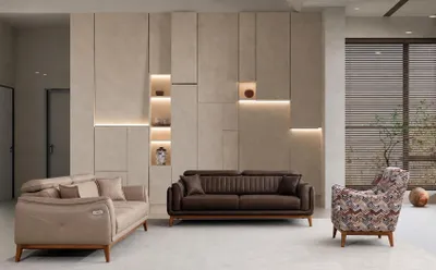 Produktbild von Polstergarnitur 3-Sitzer sofa Leder Beige Braun Kissen Akzent Sessel