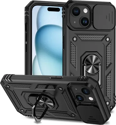 Produktbild von iPhone 15 Hülle mit Schiebe Kamera Schutz und Ringhalter Ständer Robust Rüstung Schutzhülle für iPhone 15 Schwarz
