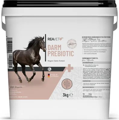 A white bucket of horse feed with a picture of a horse on it.