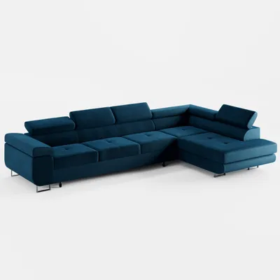 Image de ECKSOFA VEMO NOVA : Canapé d'angle, couleur bleu marine foncé, revêtement en velours, avec fonction couchage et coffre de rangement