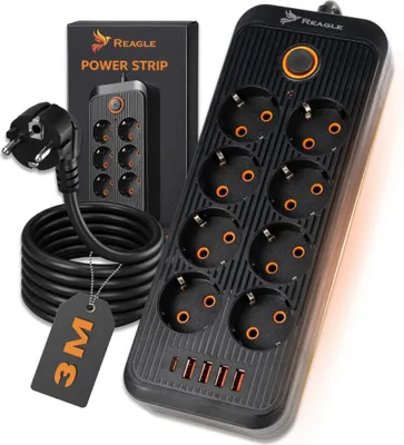 Produktbild von Reagle 3M Steckdosenleiste Mit Überspannungsschutz, 8 Steckdosen, 4X Usb, 1X Usb-C, Schalter, Mehrfachsteckdose, Verlängerungskabel