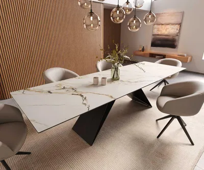 Produktbild von DELIFE Esstisch Edge 300x100 Keramik Calacatta Luxe Weiß-Gold-Grau V-Gestell Flachstahl Schwarz