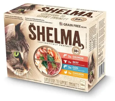 Obrázok produktu pre SHELMA so lososom, treskou, kuracím a hovädzím mäsom v omáčke - mokrá krmivo pre mačky - 12x85g