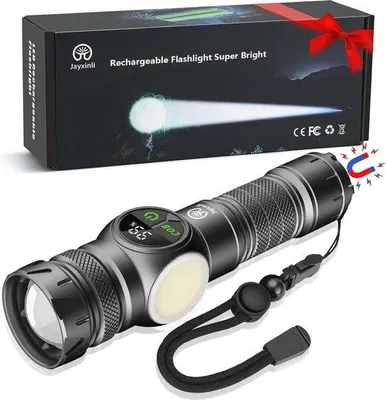 Productafbeelding van LED-zaklamp met 30.000 lumen, USB-oplaadfunctie, magneet en LCD-stroomindicator, 9 lichtstanden en zoomfunctie