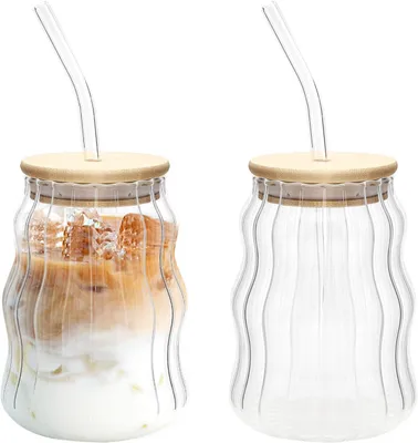Produktbild von Set mit 2 geriffelten Gläsern mit Deckel und Strohhalm, Kaffee/geriffelt/klar, Wasser/Saft/Bier/Milch