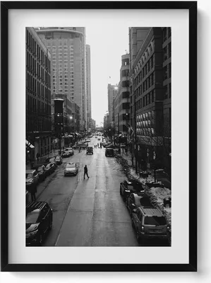 Produktbild von Schwarze und weiße Straßen von Chicago– Wandbild mit Rahmen – Gerahmtes Bild  – Wanddekoration – 50x70 cm –  Schwarz Rahmen