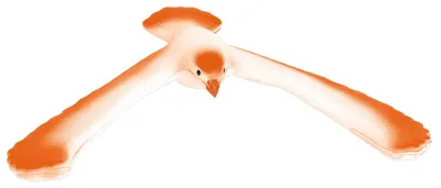 A stylized illustration of a bird in flight, with orange and white coloring.