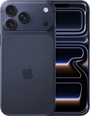 A dark blue iPhone is shown from the back and side, with its screen displaying a futuristic interface.