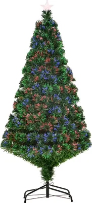 A green artificial Christmas tree with multi-colored LED lights and a white star topper, standing on a black metal stand.