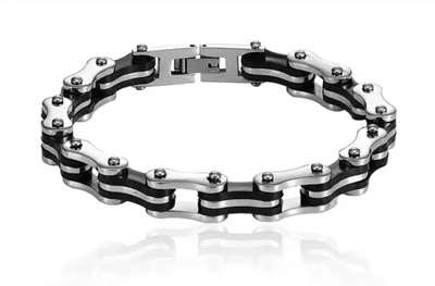 Produktbild von Herren Glieder Armband Edelstahl Kautschuk Schwarz Silberfarben Hochglanz