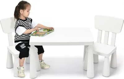Produktbild von GOPLUS Kindersitzgruppe aus Kunststoff, Kindertisch mit 2 Stühlen, Stuhl mit Rückenlehne, mit Runden Kanten, Einfarbiges Design, für Junge und Mädchen, für Kinderzimmer (Weiß)
