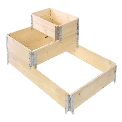 A tiered wooden raised garden bed kit made of unfinished wood and metal corner brackets, shown assembled against a white background.