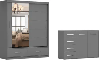 Image de sET de 2 armoires à portes coulissantes FLORENCE avec miroir 150 cm et commode FRIDA 01 2D4S, largeur : 135 cm GRAU/GRAU