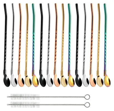 15 Edelstahl-Trinkhalmlöffel, 2-in-1, inkl. 2 Reinigungsbürsten