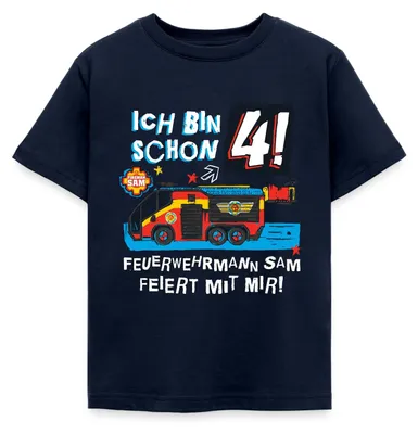 Produktbild von Spreadshirt Feuerwehrmann Sam Geburtstagsdesign 4 Jahre Kinder T-Shirt, 122/128 (7-8 Jahre), Navy