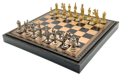 Image de Jeu D'échecs Italien Camelot + Échechier Aspect Cuir Or/Noir 35