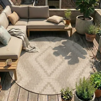 Produktbild von Volero - Outdoor Jute Teppich Rund - Atlas Diamond Braun Creme - Ø 100 cm - Wohnzimmer, Esszimmer, Balkon, Garten, Terrasse - Boho
