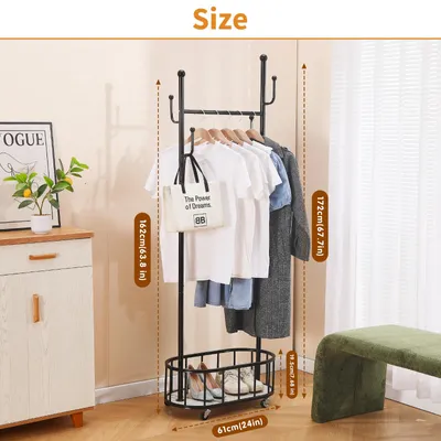 Produktbild von Kleiderständer mit Rollen 61x33,3x172 cm, 4 Haken, für Schlafzimmer, schwarz