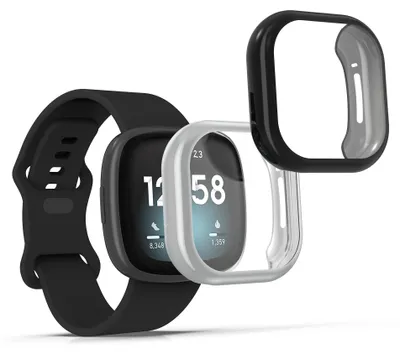 Produktbild von kwmobile 2x Silikon Hülle für Fitbit Versa 3 / Sense Schutzhülle - Fullbody Display Cover Set aus Silikon - Schwarz Silber