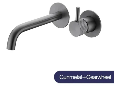 Produktbild von Waschtischarmatur N1089 - Wandmontage Armatur - Messingkörper - Einhebel - Warm- und Kaltwasser - Keramikkartusche - Gunmetal-Grau