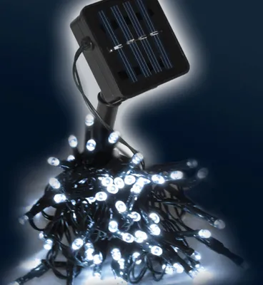 A solar-powered LED string light set with a solar panel and many white lights.