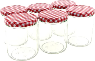 Image de 6 pièces - Pot à confiture - Pot de conservation - 540 ml - Verre - Avec couvercle à visser à carreaux rouges et blancs - 8,5 x 8,5 x 11,5 cm