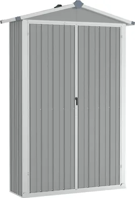 A grey metal garden shed with double doors, shown against a white background.