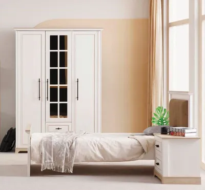 Immagine prodotto di Letto singolo, letto per ragazzi, colore beige, legno, testiera imbottita, design moderno, camera da letto