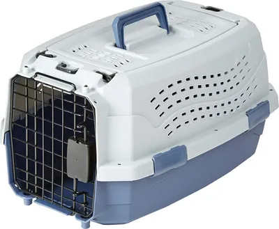 Produktbild von Amazon Basics Hund Transportbox für Haustiere, 2 Türen, 1 Dachöffnung, L 48 x B 32 x H 25 cm, Blau