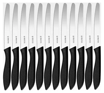 Produktbild von 12-teiliges Frühstücksmesser-Set, Brötchenmesser mit Wellenschliff, Brotzeitmesser, Tomatenmesser, Buttermesser, scharfes Tafelmesser, Spezialklingenstahl, spülmaschinenfest, schwarz