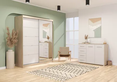 Produktbild von Schwebetürenschrank Kleiderschrank Schrank 183 cm mit einem Spiegel Kommode 135 cm zweitürig mit Schubladen Sonoma/Weiß Bella 03 /Frida 01 2er-Set