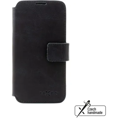 A black leather flip case for a phone, shown closed.