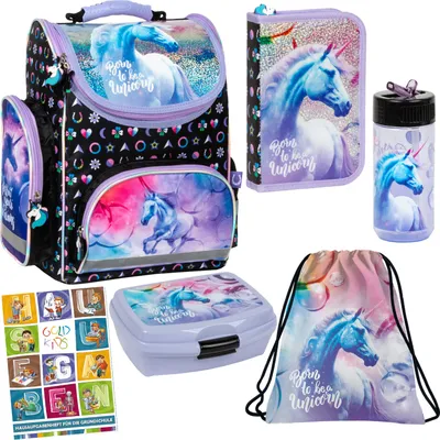 Produktbild von Schulranzen für Jungen und Mädchen - Schul-Rucksack für Kinder mit Schuhbeutel Federmäppchen mit Ausstattung- Hausaufgabenheft - Einhorn Motiv