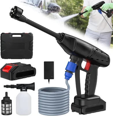 Produktbild von Akku Hochdruckreiniger, 40 Bar Tragbarer Hochdruckreiniger mit 1500mAh Akku, 6-in-1 Multi-Sprühdüse Akku-tragbare Hochdruckreinigungsmaschine