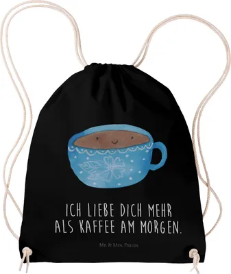Produktbild von Mr. & Mrs. Panda Stoffbeutel Kaffee Tasse - Schwarz - Geschenk, gym tasche, Liebe, Sportbeutel, wander rucksack, Genuss, beutel, Lustige Sprüche, Glücklich, Geschmack