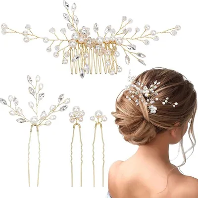 Produktbild von Goldener Haarschmuck zur Hochzeit mit 3 U-förmigen Brauthaarnadeln, Kristallperlen und Haarkamm für Damen und Mädchen