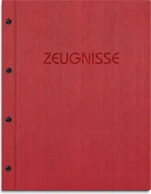 Produktbild von Zeugnismappe im roten Einband in Leinenoptik, mit hochwertigem Prägedruck in rot – handgefertigte Mappe inkl. 12 Sichthüllen