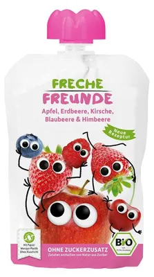 MUS JABŁKO - TRUSKAWKA - JAGODA - MALINA BEZ DODATKU CUKRÓW BEZGLUTENOWY OD 6 MIESIĄCA BIO 100 g - FRECHE FREUNDE
