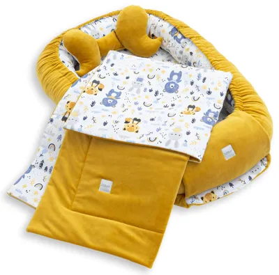 Produktbild von Premium BABYNEST + DECKE + Kissen GELB Samt Velour/ WALD TIERE Baumwolle Nestchen Babyausstattung Geschenk Geborgenheit für Neugeborene
