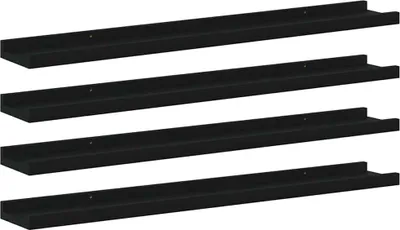 Four black shelves are arranged horizontally, one above the other, against a white background.