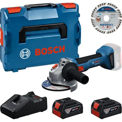 Immagine prodotto di Set di utensili professionali Bosch: smerigliatrice angolare a batteria GWS 18V-8 + 2 batterie GBA da 4 Ah + caricabatterie GAL 18V-40 + disco da taglio da 125 mm, tutto confezionato in una valigetta L-BOXX