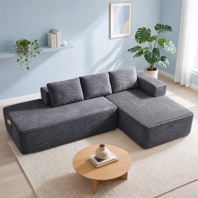 Productafbeelding van COMHOMA Hoekbank met slaapfunctie, 255 cm, corduroy, modulaire bank zonder poten, met chaise longue en metalen rugframe, L-vormige slaapbank met open