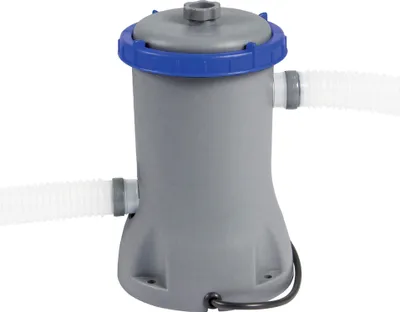A gray and blue swimming pool filter pump with two white hoses attached.