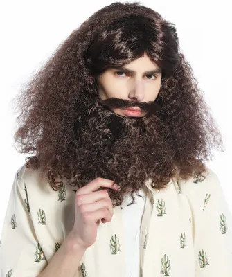 Produktbild von WIG ME UP Perücke Bart Set lang lockig braun Guru Hippie Hipster 210331-P4