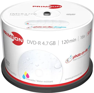 Obrázek produktu pro Primeon 2761207 Blank DVD-R 4.7 GB 50 pc(s) Spindle Printable, Glossy surface, Waterproof, Smearproof