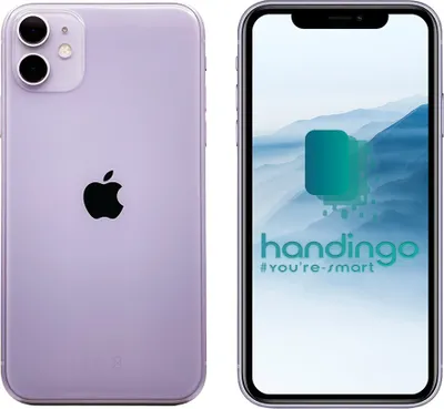 A split image showing the back and front of a violet iPhone 11.