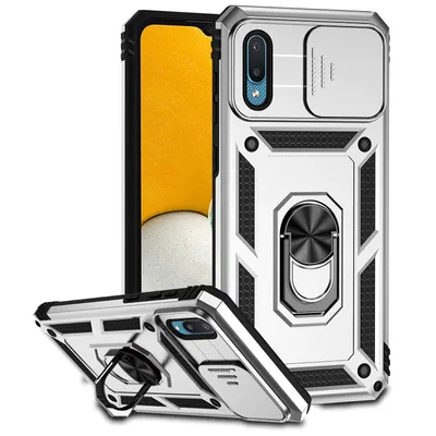 Immagine prodotto di Custodia per Samsung Galaxy A02 a doppio strato con copertura scorrevole della fotocamera e supporto ad anello Argento