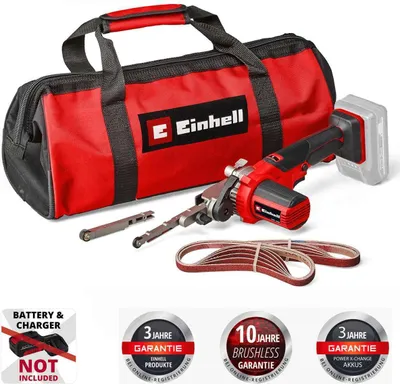 A cordless belt sander with a storage bag and accessories, along with warranty and battery information overlays.