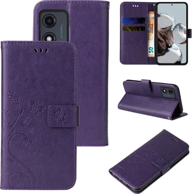Produktbild von Handyhülle für Motorola Moto E13 Floral Blumen Schmetterling Flip Cover Hülle Case Klapphülle Handytasche Farbe: Violett