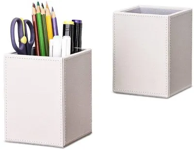 Image de Pot à crayons carré en cuir, 2 compartiments, blanc